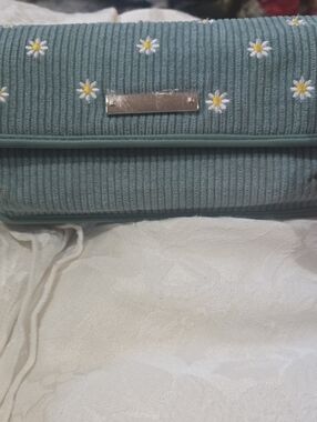 Daisy Embroidered Corduroy Crossbody/Clutch in Teal